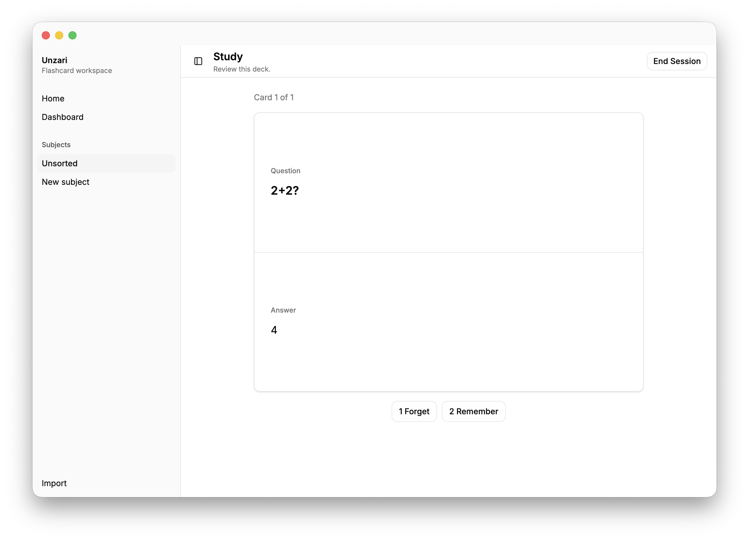 Unzari flashcard study screen